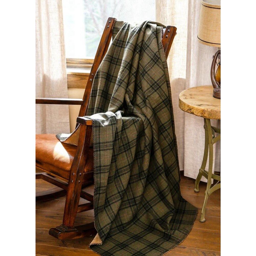 Carsten's Tartan Plaid Olive Green Throw Blanket Rustic Cabin Bedroom Accent